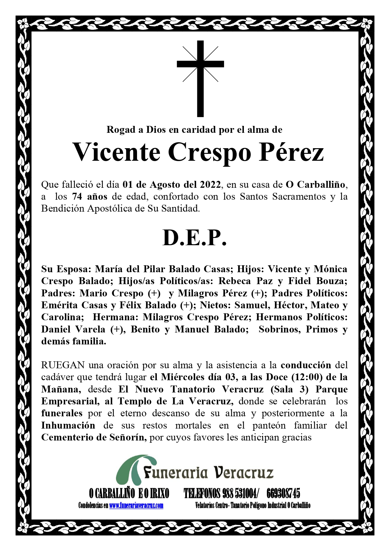 Falecemento de D Vicente Crespo Pérez BadalNovas