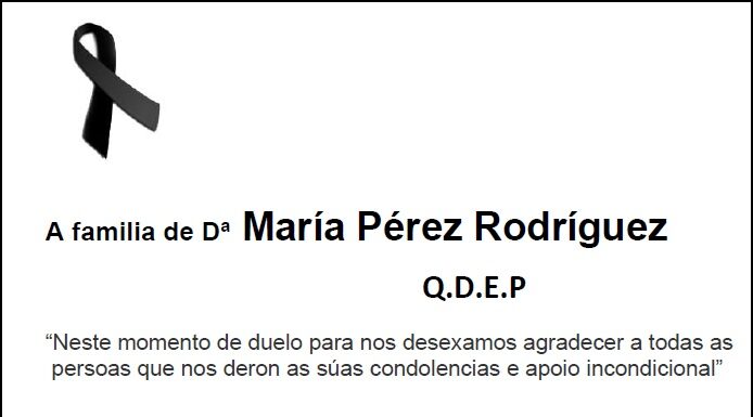 Agradecemento da familia de Dª María Pérez Rodríguez