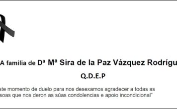 Agradecemento da familia de Dª Mª Sira de la Paz Vázquez Rodríguez