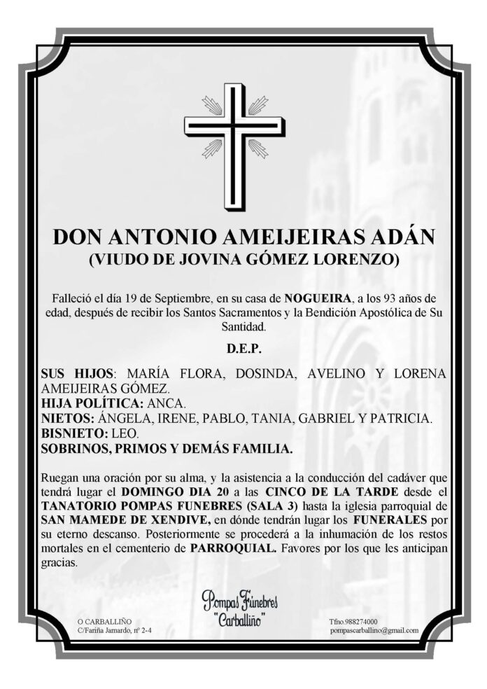 Esquela Don Antonio Ameijeiras Adán